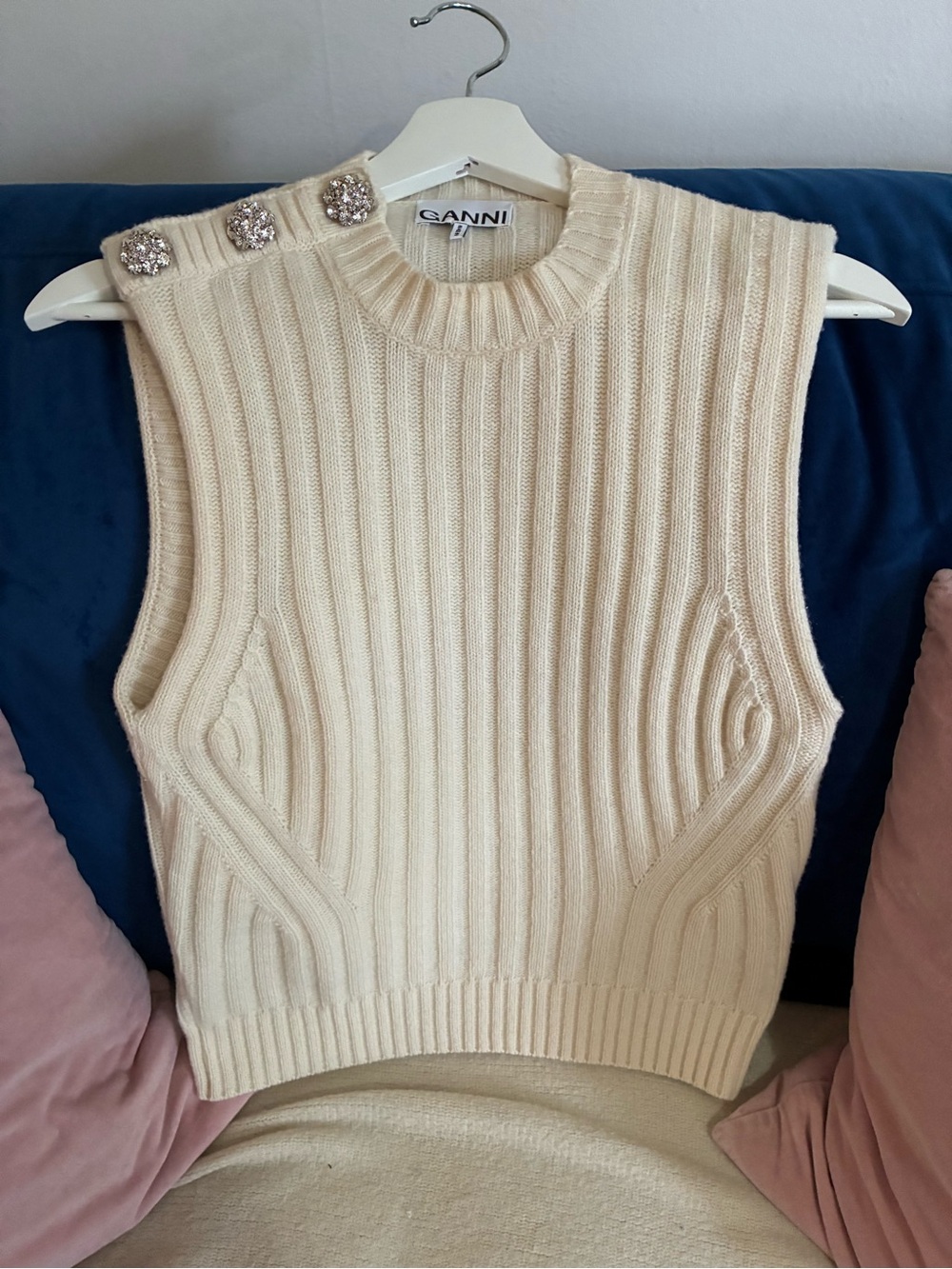 Ganni Cream Ribbed Knit Sleeveless Vest with Jeweled Shoulder Buttons